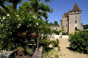 Chateau Prints: Old well with Le Chateau de la Marthonie in the background, St. Jean de Cole