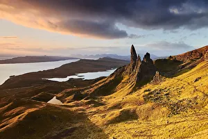 Old Man of Storr at a golden sunrise, Isle of Skye, Inner Hebrides, Scotland