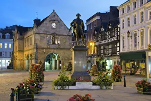 Clock Prints: The Old Market Hall and Robert Clive statue, The Square, Shrewsbury, Shropshire, England