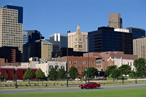 Old and new buildings form the city skyline of Denver