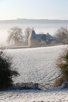 Misty Prints: Old oast house in winter frost, Burwash, East Sussex, England, United Kingdom, Europe