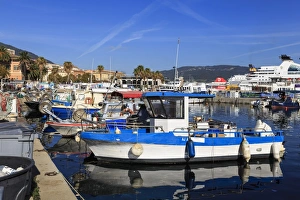 Old Port Prints: Old Port with fishing boats, cruise ship and ferries, view to distant mountains, Ajaccio