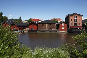 Uusimaa Prints: Old red hut granary warehouses on banks of River Porvoonjoki, Porvoo, Uusimaa