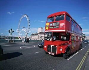 Ferris Wheel Collection: Old Routemaster bus before they were withdrawn, on Wesminster Bridge with London Eye in background