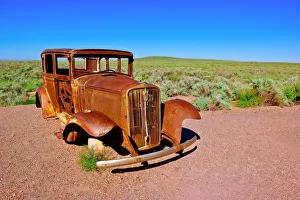 Images Dated 20th August 2010: The old rusting steel shell of a Model-T mounted on concrete pillars along the old