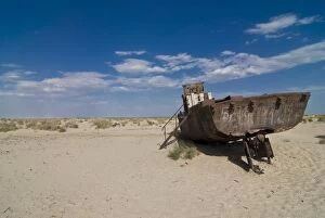 Old rusty shipwrecks in the former Aral Sea, Moynaq, Uzbekistan, Central Asia