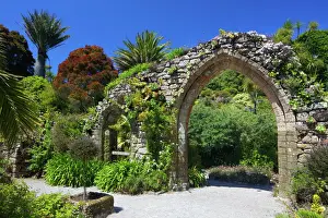 Gardens Prints: Old stone archway from the ruined abbey in the sub-tropical Abbey Gardens