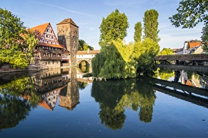 Old timbered houses and hanging tower, Nuremberg, Middle Franconia, Bavaria, Germany