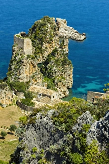 Trapani Prints: Old tower and buildings at the Tonnara di Scopello