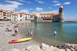 Vacations Prints: Old town an beach, fortress church Notre Dame des Anges, Collioure, Pyrenees-Orientales