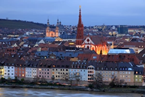 Franconia Prints: Old Town with cathedral and Old Main Bridge, Wurzburg, Franconia, Bavaria