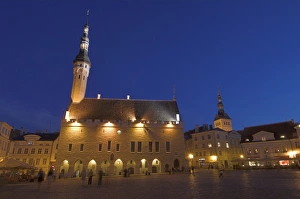 Estonian Prints: Old Town Hall in Old Town Square at night, Old town, UNESCO World Heritage Site