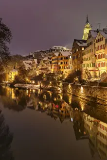 Tubingen Prints: Old Town with Holderlinturm tower and Collegiate Church on Neckar River, Tubingen