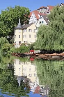 Tubingen Prints: Old town with Holderlinturm tower reflected in the Neckar River