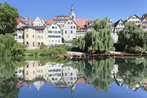 Tubingen Prints: Old town with Holderlinturm tower and Stiftskirche Church reflecting in the Neckar River