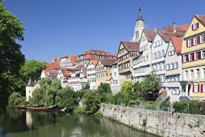 Old town with Holderlinturm tower Stiftskirche church reflecting in the River Neckar, Tubingen, Baden Wurttemberg, Germany, Europe