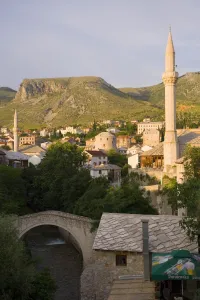 Mostar Prints: Old Town and mosques with the Crooked Bridge (Kriva Cuprija) in the foreground