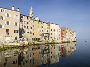 Bell Tower Prints: The Old Town with reflections early morning, Rovinj, Istria, Croatia, Europe
