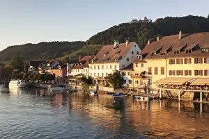 River Rhine Prints: Old town along the Rhine promenade with Burg Hohenklingen castle at sunset