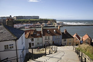 Whitby Prints: Old Town and River Esk harbour from steps on East Cliff, with West Cliff beyond