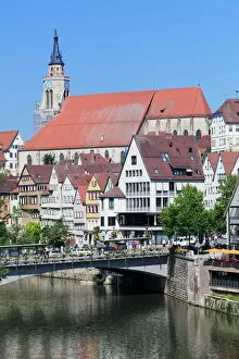 Typically German Gallery: Old town with Stiftskirche Church and the Neckar River, Tubingen, Baden Wurttemberg, Germany, Europe