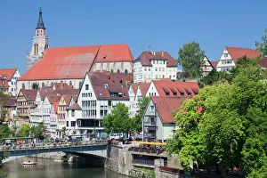 Typically German Prints: Old town with Stiftskirche Church and the Neckar River