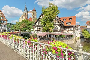 Reflective Prints: Old town at Wehrneckarkanal canal, Esslingen am Neckar, Baden-Wurttemberg, Germany, Europe