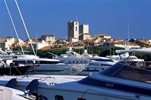 Yachting Prints: Old Town beyond yachts in Port Vauban marina, Antibes, Alpes-Maritimes