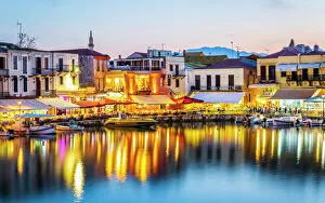 Greek Islands Gallery: Old Venetian harbour, taverns on seaside at dusk, Rethymno (Rethymnon), Crete, Greek Islands