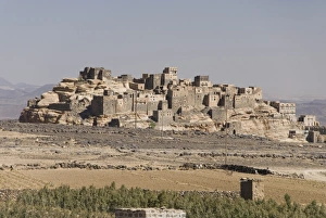 Hill Village Prints: Old village built on sandstone crag, Al Gorza, Shibam valley, near San a