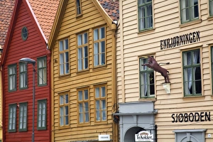 Bergen Prints: Old warehouses in Bryggen District, Bergen, Hordaland District, Norway