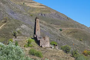 Stones Prints: Old watchtower stands alone in the mountains of Chechnya as nature surrounds its ruins in the Caucasus region of Russia