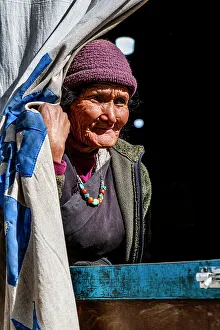Looking Away Prints: Old woman, Lo Manthang, Kingdom of Mustang, Nepal, Asia