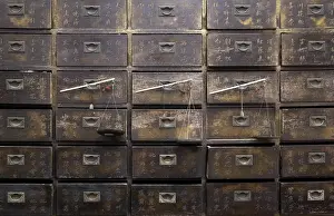 Malaysian Prints: Old wooden drawers and scales in a Chinese pharmacy in Melaka (Malacca), Malaysia
