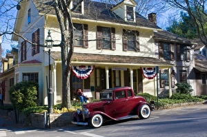 Connecticut Prints: Oldtimer parking in front of an old house, Chester, Connecticut, New England