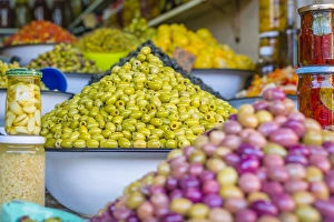 Marrakesh Prints: Olive stall in the Place Djemaa el Fna in the medina of Marrakech, Morocco, North Africa