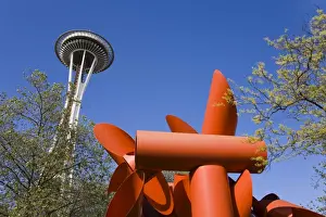 Seattle Prints: Olympic Iliad sculpture by Alexander Liberman and Space Needle, Seattle Center