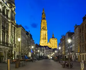Flanders Prints: Onze-Lieve-Vrouwekathedraal (Cathedral of Our Lady) and buildings on Suikerrui at dawn