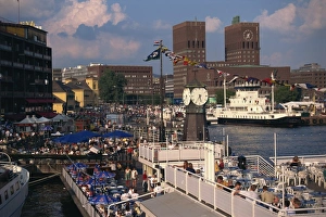 Oslo Prints: Open air restaurants around harbour, with the clock tower, and the Town Hall behind