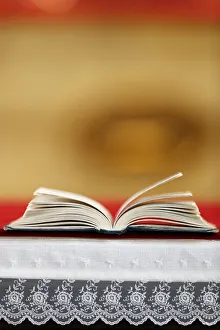 Tablecloth Prints: Open Bible on altar, Haute-Savoie, France, Europe