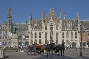 Brugge Prints: An open carraige awaits passengers on the Market Square in front of the Provincial Court Building