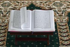 Quran Prints: Open Quran on wooden stand, Masjid Ar-Rohmah Mosque, Chau Doc, Vietnam, Indochina