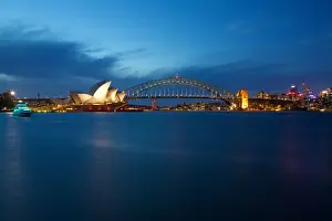 Opera House and Harbour Bridge from Mrs Macquaries Chair at Dusk, Sydney, New South Wales