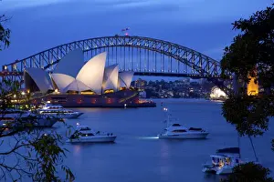 Holidays Prints: Opera House and Harbour Bridge from Mrs Macquaries Chair at Dusk, Sydney, New South Wales