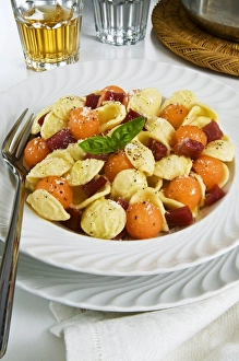 Salad Prints: Orecchiette pasta with melon ball, prosciutto (ham), parmesan cheese and basil