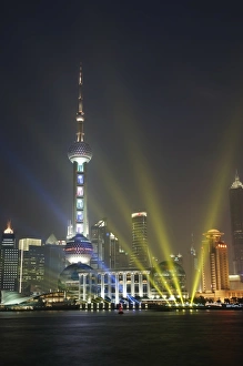 Pu Dong Prints: The Oriental Pearl Tower in the Pudong District at night, Shanghai, China, Asia