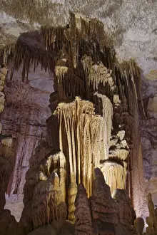Ornate columns formed by many hanging stalactites and rising stalagmites coalescing