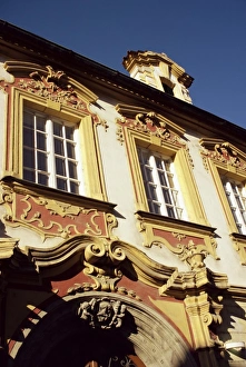 Ornate scrollwork over building housing art gallery, Litomerice, North Bohemia