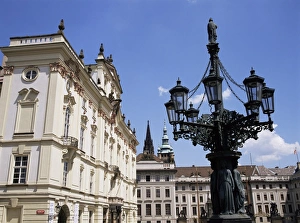 Ornate street lamp outside Archbishops Palace, Prague, Czech Republic, Europe
