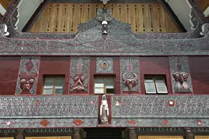 Samosir Island Prints: Ornate traditional Batak painted carvings on large Batak style Catholic church